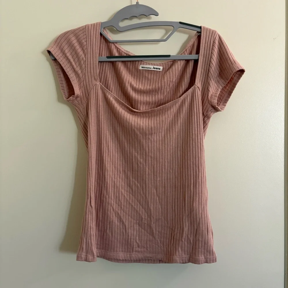 Reformation Blush Pink Square Neck Short Sleeve Ribbed Soft Stretchy Top Sz S - Picture 1 of 6